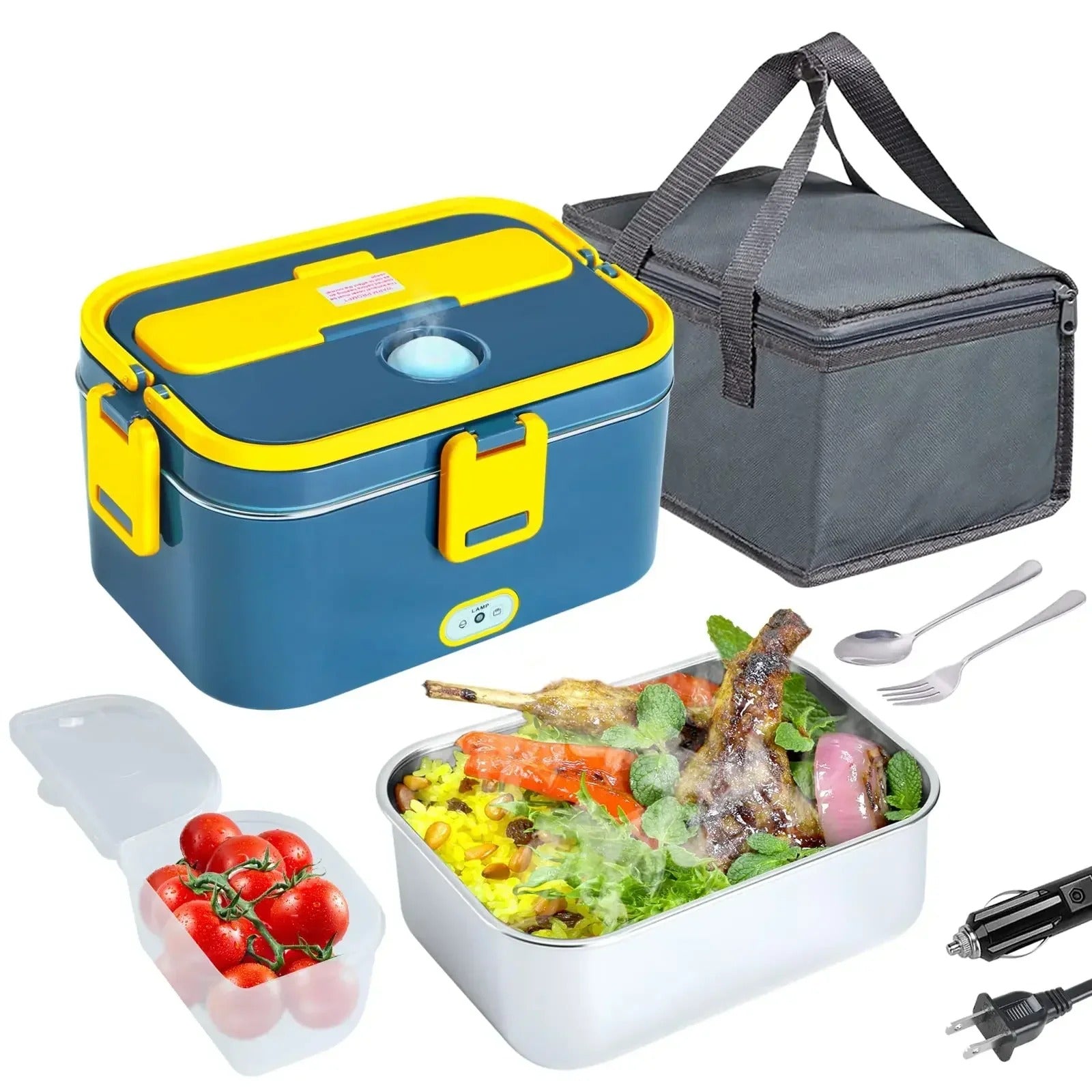Elektrische Lunchbox 1,5 L – Wärmt Essen Unterwegs Mit 12V/24V/220V, 60W, Inkl. Besteck & Tasche (grün)