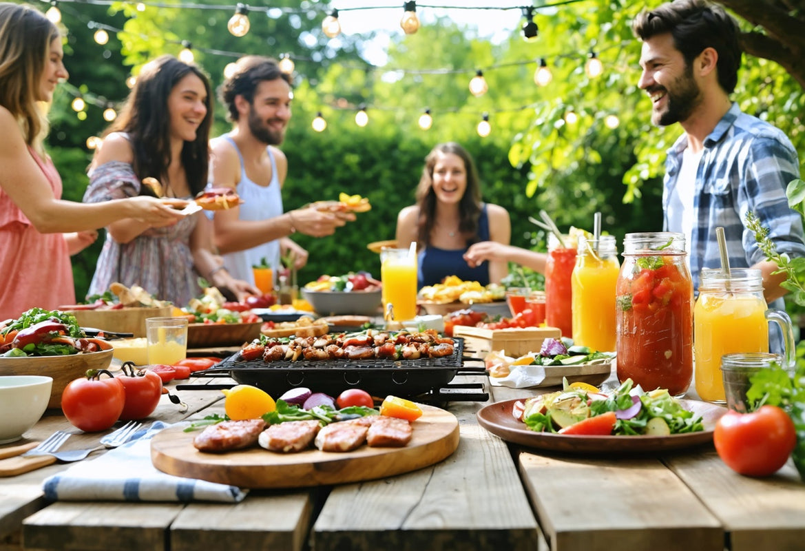 Friends laughing around a vibrant outdoor feast with bamboo utensils, celebrating sustainable & zero-waste cooking delights
