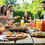 Friends laughing around a vibrant outdoor feast with bamboo utensils, celebrating sustainable & zero-waste cooking delights