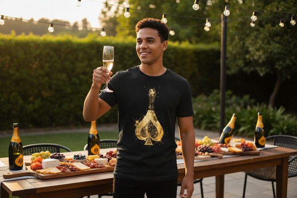 Man toasting at outdoor party wearing ace of spades champagne camiseta, perfect for foodies and cocktail lovers