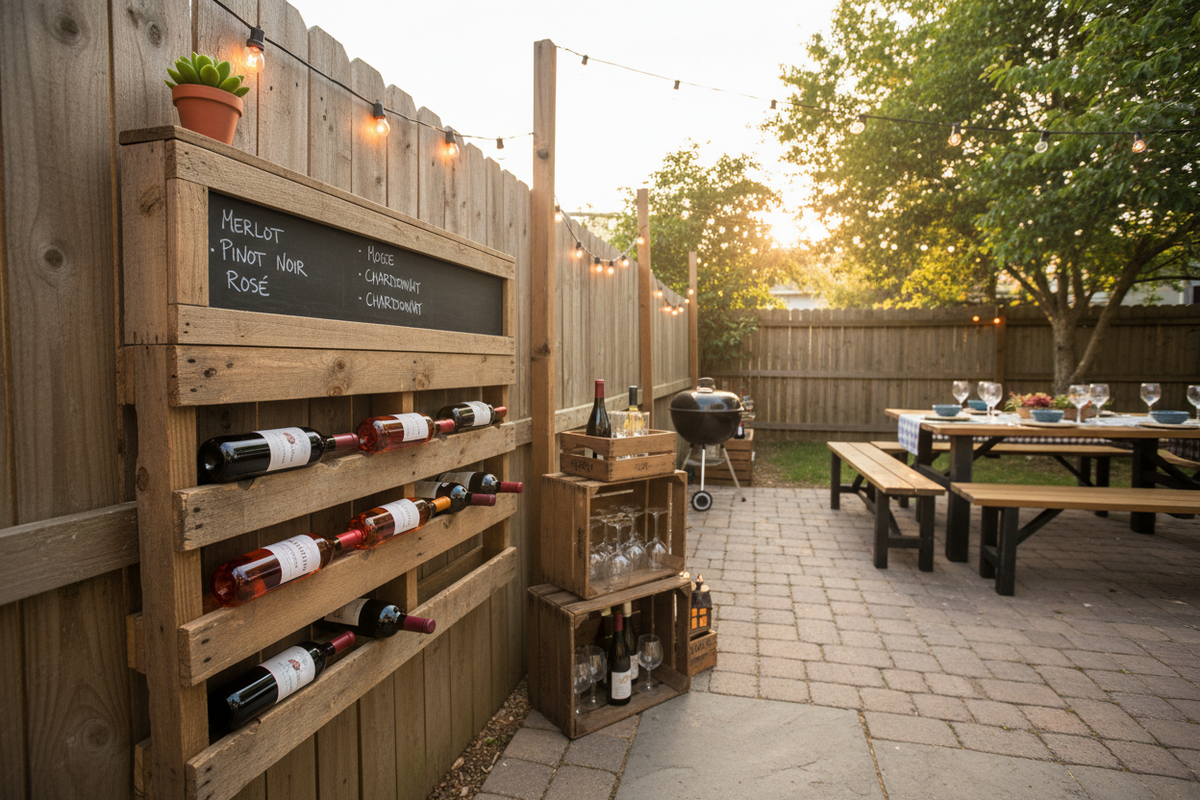 Outdoor patio with rustic wine storage display, perfect for wine lovers hosting cookouts or BBQ gatherings