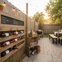 Outdoor patio with rustic wine storage display, perfect for wine lovers hosting cookouts or BBQ gatherings