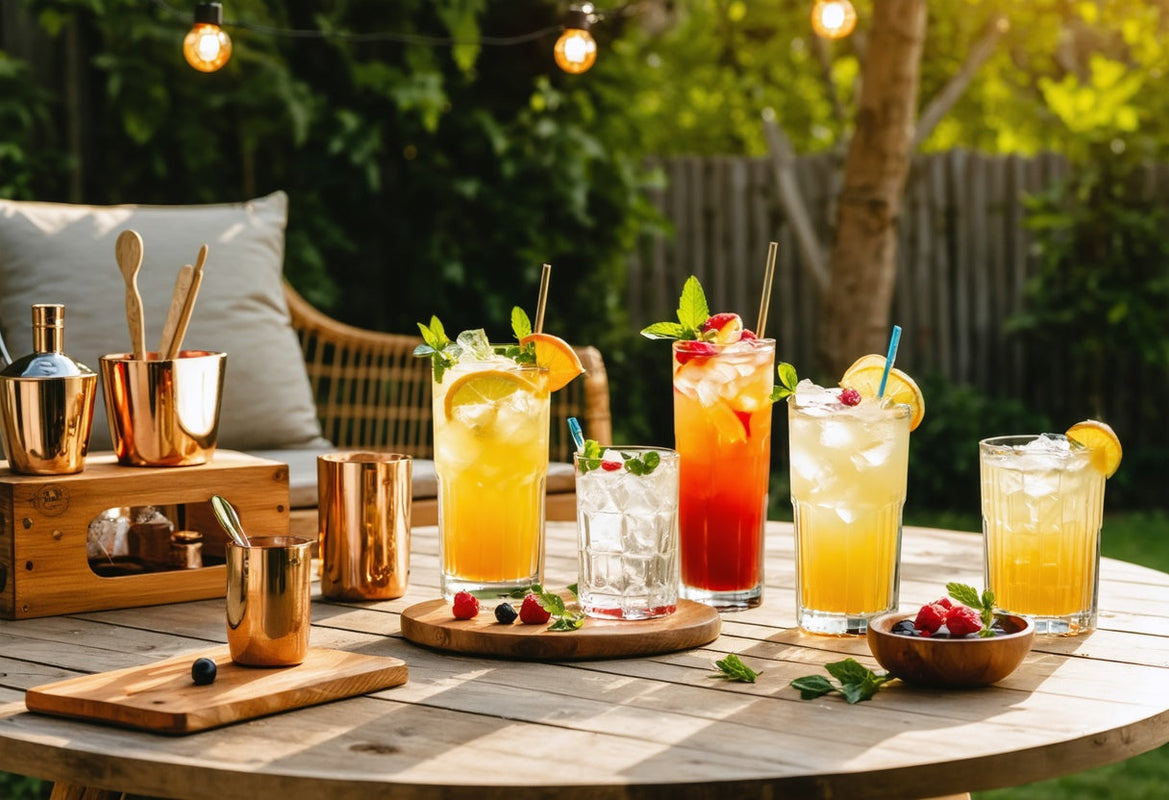 Colorful summer cocktails and bamboo bar tools on a sunny patio, perfect for High-Impact Recipe Guides fans
