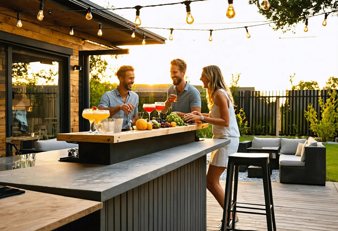 Cheers to Home Bar & Entertaining with friends, fruity cocktails, and backyard laughter at sunset