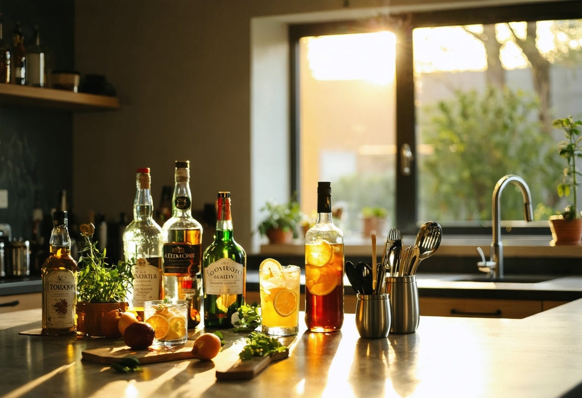 Sunlit kitchen counter set for homemade cocktail fun with fresh herbs, citrus, and a playful mix of spirits