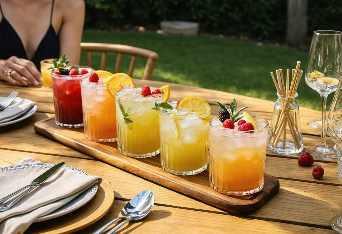 Colorful cocktails with fresh fruit and ice, perfect for mindful cooking & well-being at outdoor gatherings