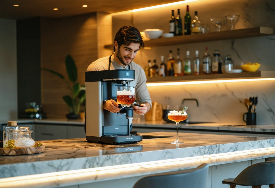 Smart & Connected Kitchen cocktail station with a smiling host mixing drinks for a lively, fun gathering