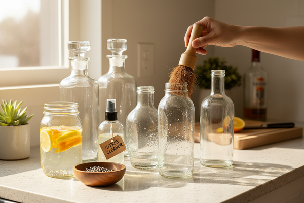 Glass bottle cleaner effortlessly scrubs bottles for cocktail, wine, and BBQ lovers seeking spotless glassware