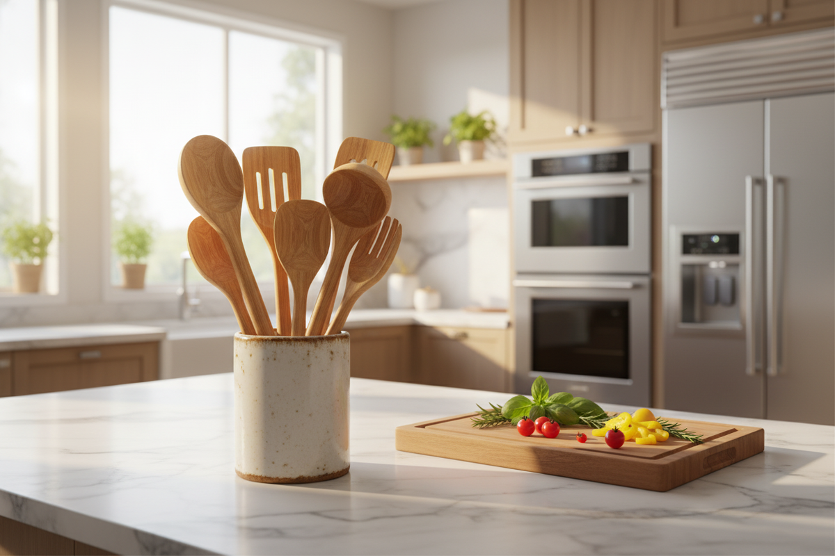 Teak wood kitchen utensils in a modern kitchen, perfect for foodies and cocktail lovers entertaining at home