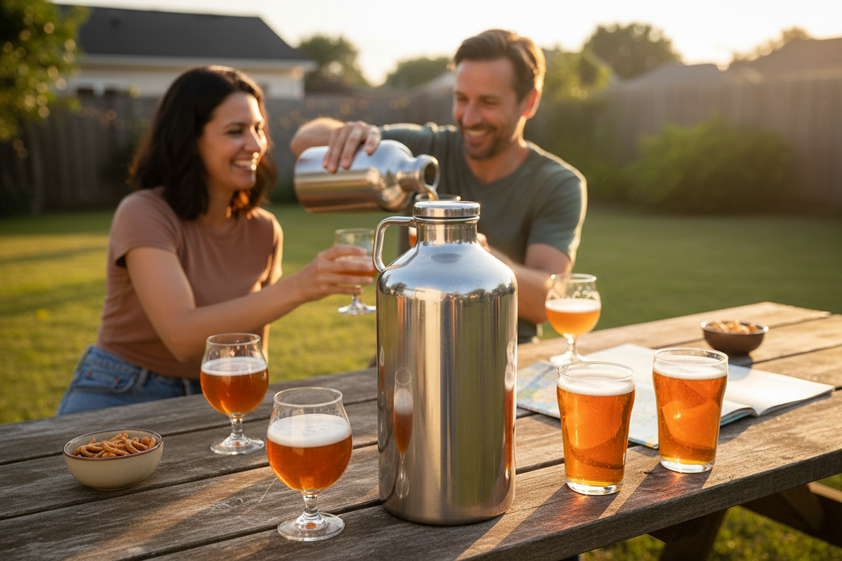 Enjoying cold drinks outdoors with a 128 growler at a backyard cookout for cocktail and BBQ lovers