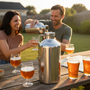Enjoying cold drinks outdoors with a 128 growler at a backyard cookout for cocktail and BBQ lovers