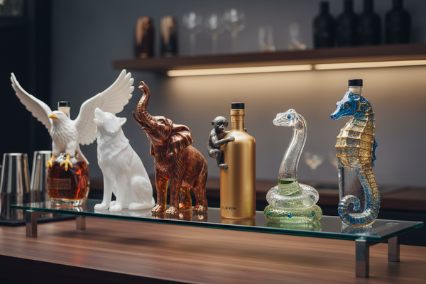 Unique animal shaped liquor bottles displayed on a bar shelf, perfect for cocktail and liquor lovers