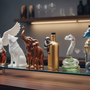Unique animal shaped liquor bottles displayed on a bar shelf, perfect for cocktail and liquor lovers