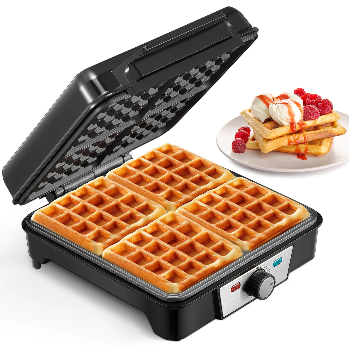 🥞 Yabano 4-Slice Belgian Waffle Maker - 3 Browning Levels with Nonstick Square Iron Plates - 1200 Watts, Compact Design 🥞