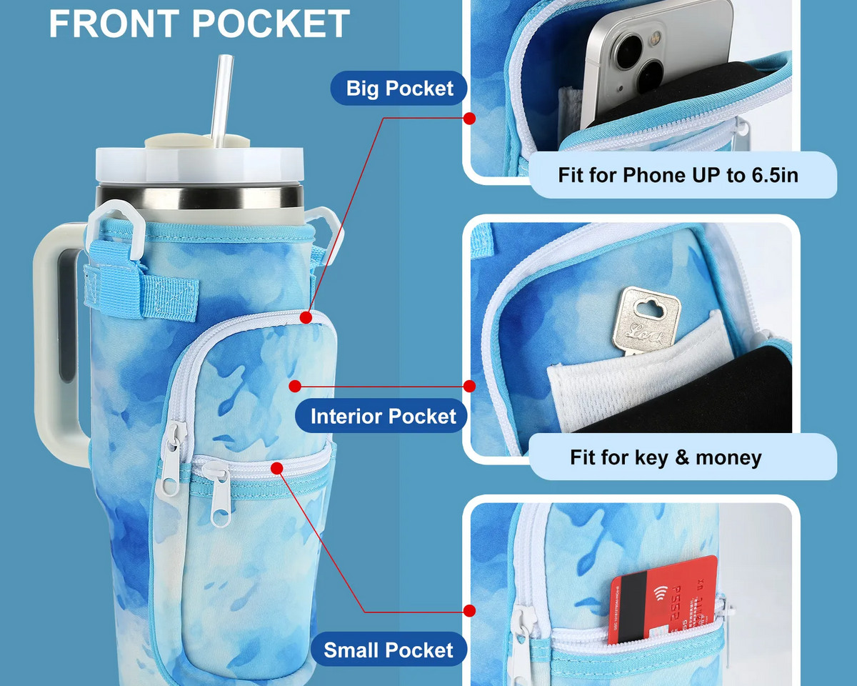 Water Bottle Holder with Strap & Pockets for Stanley Cup Accessories - 40oz Quencher Tumbler Carrier Bag - Culinarywellbeing