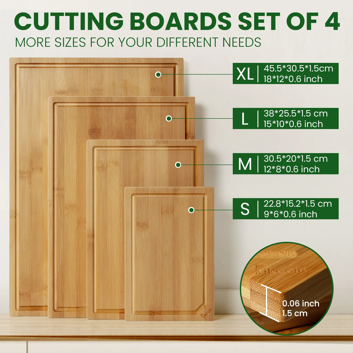 4-Piece Extra Large Bamboo Cutting Board Set with Juice Groove & Inner Handle – Heavy-Duty Kitchen Essential