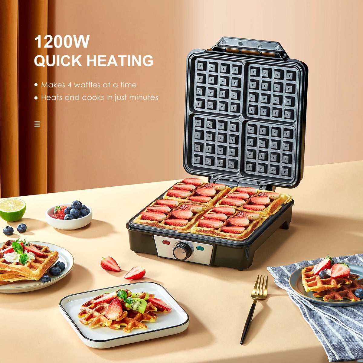 🥞 Yabano 4-Slice Belgian Waffle Maker - 3 Browning Levels with Nonstick Square Iron Plates - 1200 Watts, Compact Design 🥞