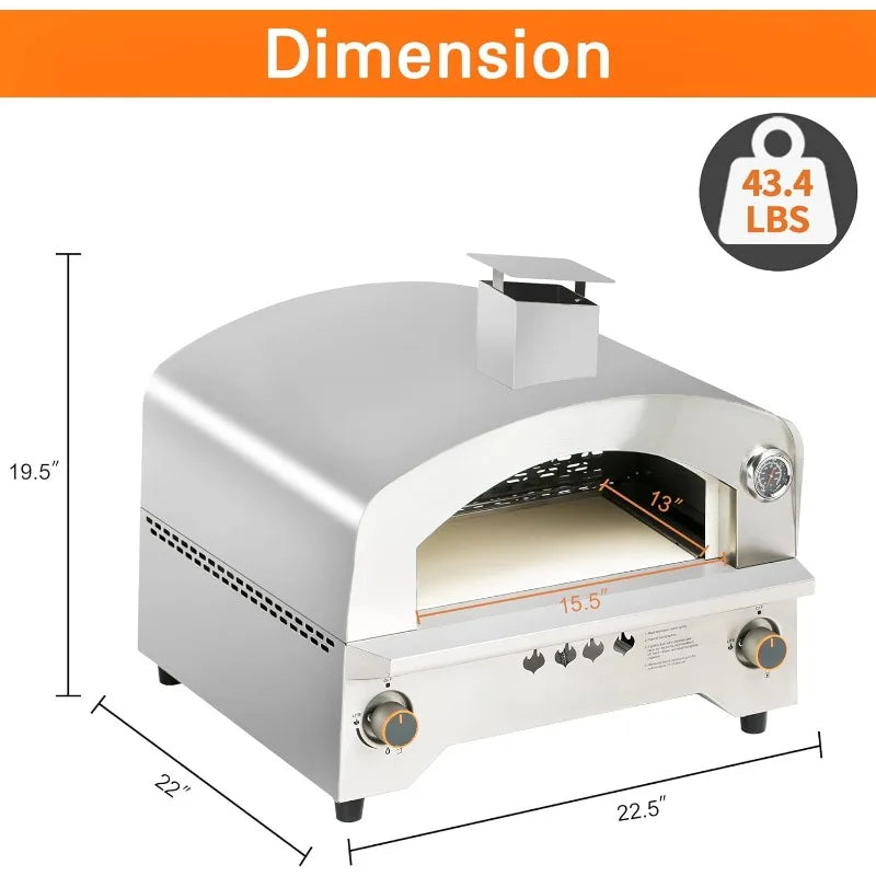 Outdoor Gas Pizza Oven – Portable Propane Pizza Maker with 13-Inch Stone, Stainless Steel, 1180°F Cooking Temperature, for Outdoor BBQ, Camping & Tailgating