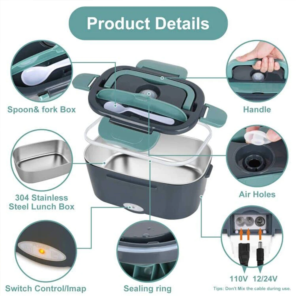 Electric Lunch Box 1.5L 40W with Fork & Spoon Stainless Steel Portable Heating Lunchbox Food Warmer