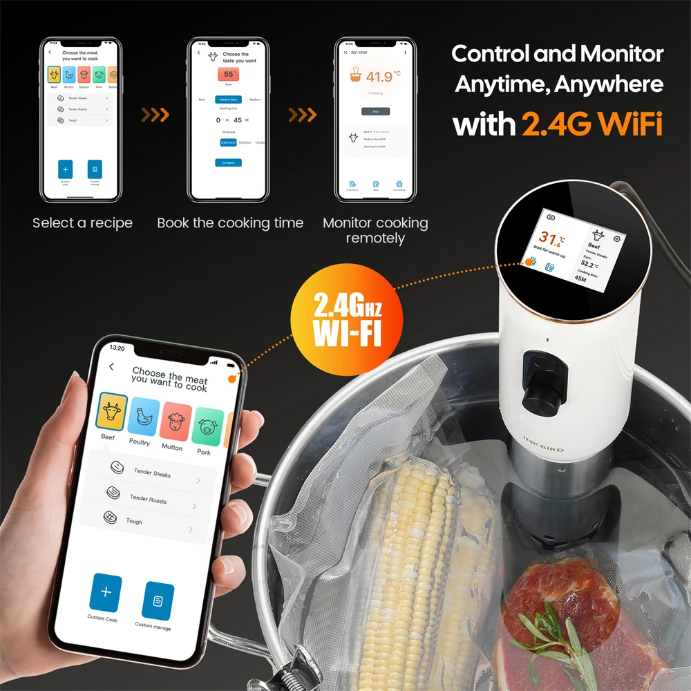 INKBIRD ISV-101W WiFi Sous Vide Cooker – 1000W Precision Cooking, 3D Water Circulation, App Control & Scheduling, Cooking Pre-Alarm, 0.1°C Accuracy