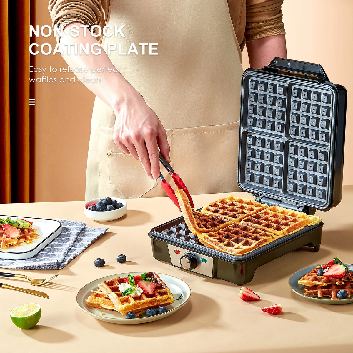 🥞 Yabano 4-Slice Belgian Waffle Maker - 3 Browning Levels with Nonstick Square Iron Plates - 1200 Watts, Compact Design 🥞