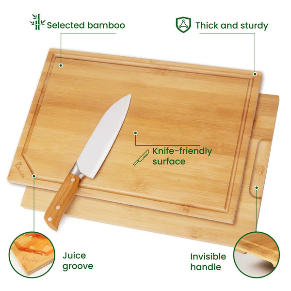 4-Piece Extra Large Bamboo Cutting Board Set with Juice Groove & Inner Handle – Heavy-Duty Kitchen Essential