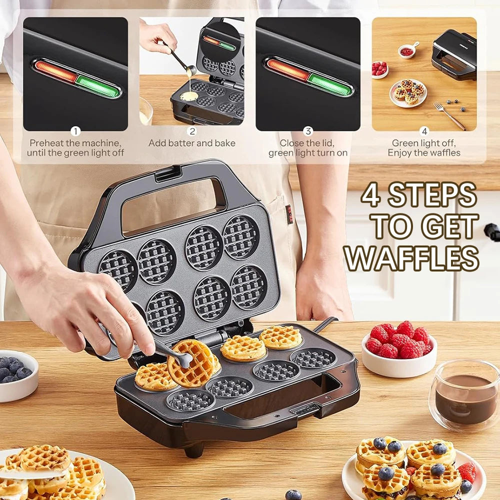 🍽️ Mini Waffle Maker - 8 x 2'' Tiny Waffle Cooking Machine with Nonstick Surface - Quick Heat-Up 🍽️