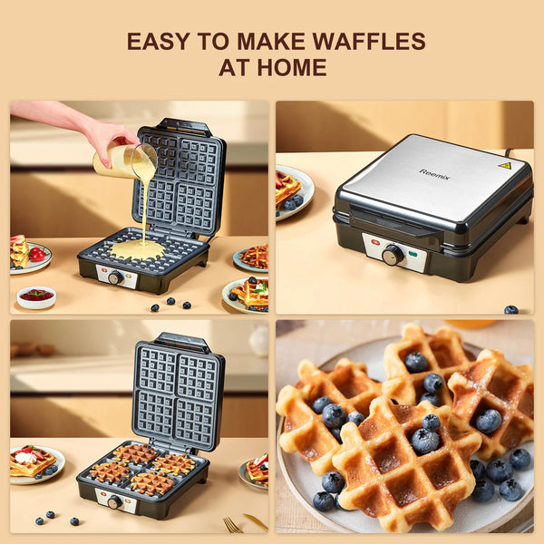 🥞 Yabano 4-Slice Belgian Waffle Maker - 3 Browning Levels with Nonstick Square Iron Plates - 1200 Watts, Compact Design 🥞