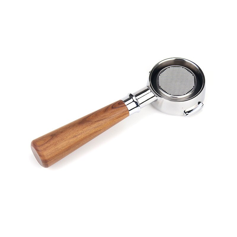 Wood-handled bottomless espresso portafilter set for Expobar and Rocket machines, featuring durable construction and ergonomic design.