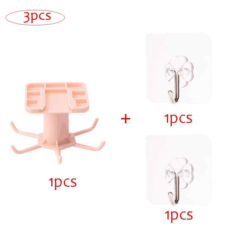 Kitchen OrCabinet Organizer Hook with rotatable design and self-adhesive installation, shown in pink with two transparent hooks.