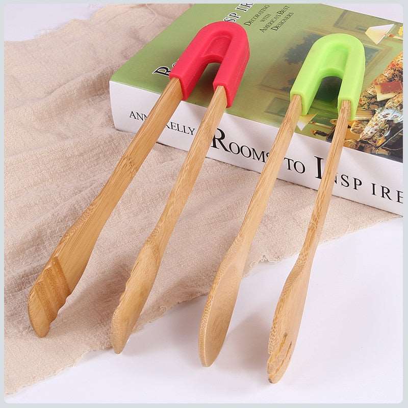 Baking Bamboo Food Toaster Tongs Wooden Salad Cake Snack Clip Grip Silicone Handle Bake Bread BBQ Tongs Clamp Cooking Utensils - TheWellBeing1