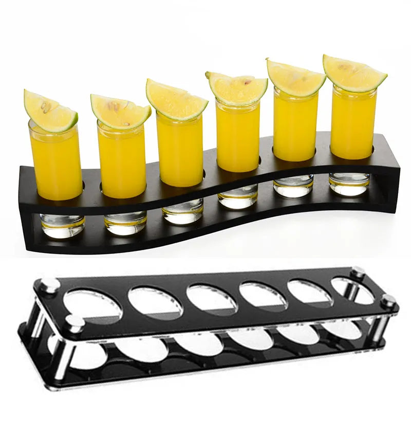 Wooden/Acrylic Shot Glass Holder Display Rack Bar Wine Drinks Cup Storage Carrier Flight Tasting Serving Tray Single Row 6 Holes - Culinarywellbeing