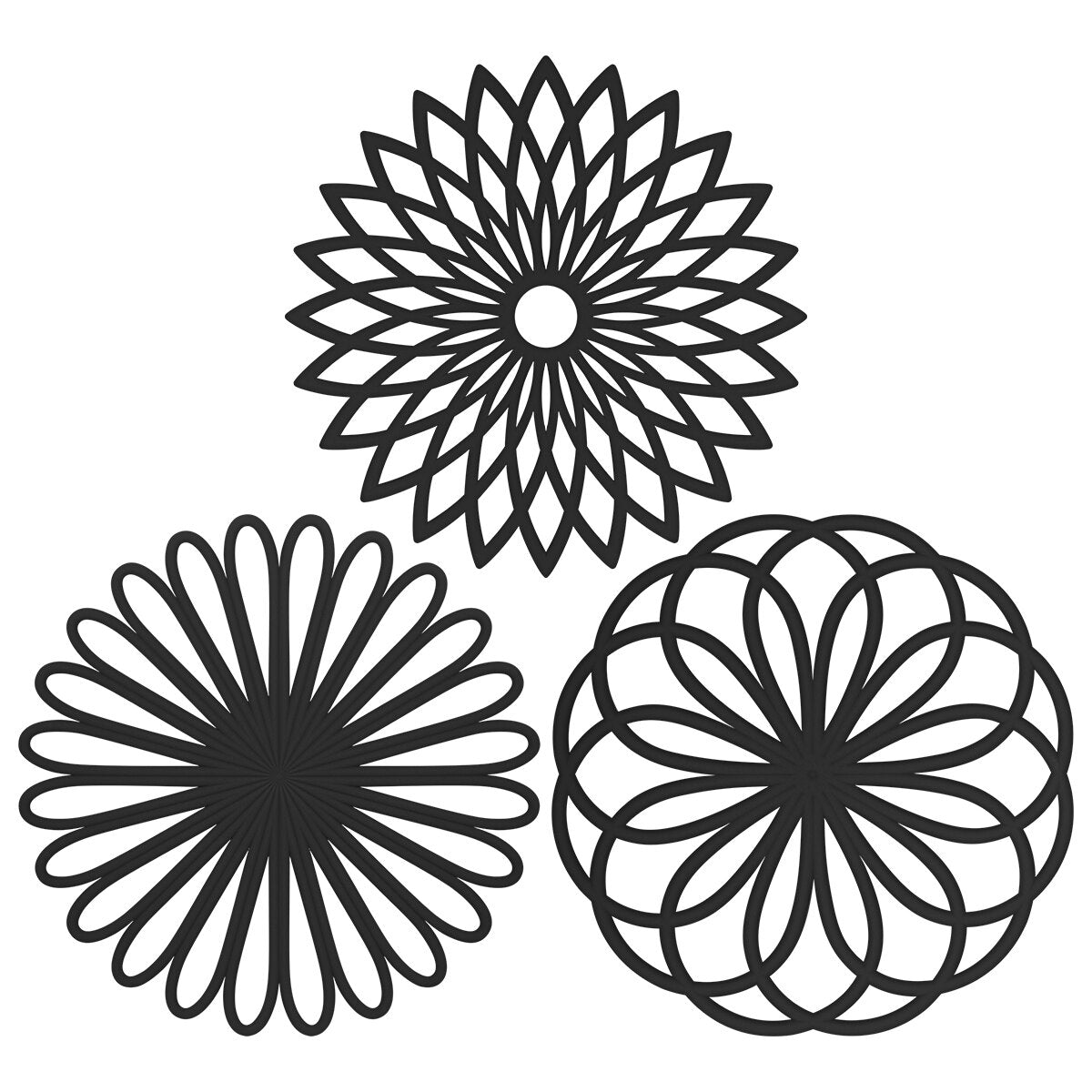 Silicone trivet mat set with geometric flower woven design for heat resistance and table protection.