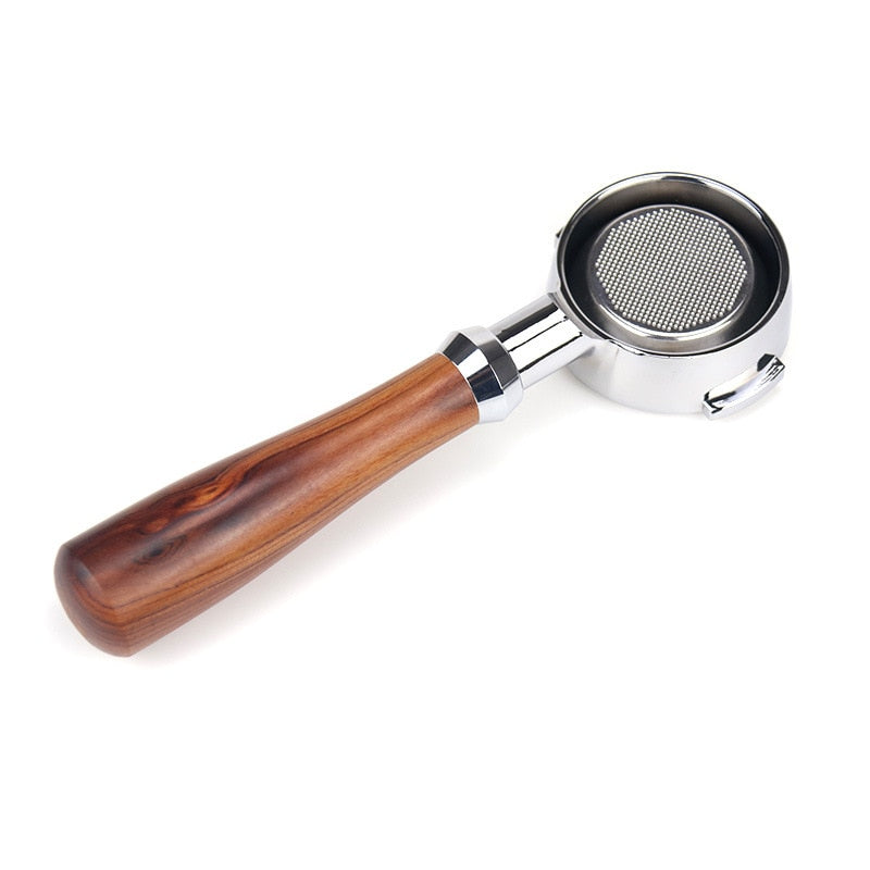 Wood handled bottomless portafilter set for espresso machines, compatible with Expobar and Rocket brands, with metal filter basket.