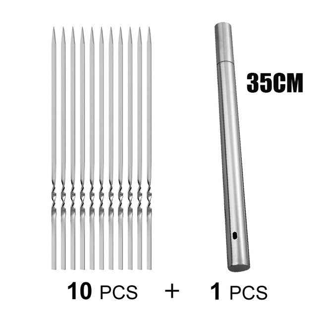 Stainless steel barbecue skewer set with storage tube and spiral design, ideal for grilling.