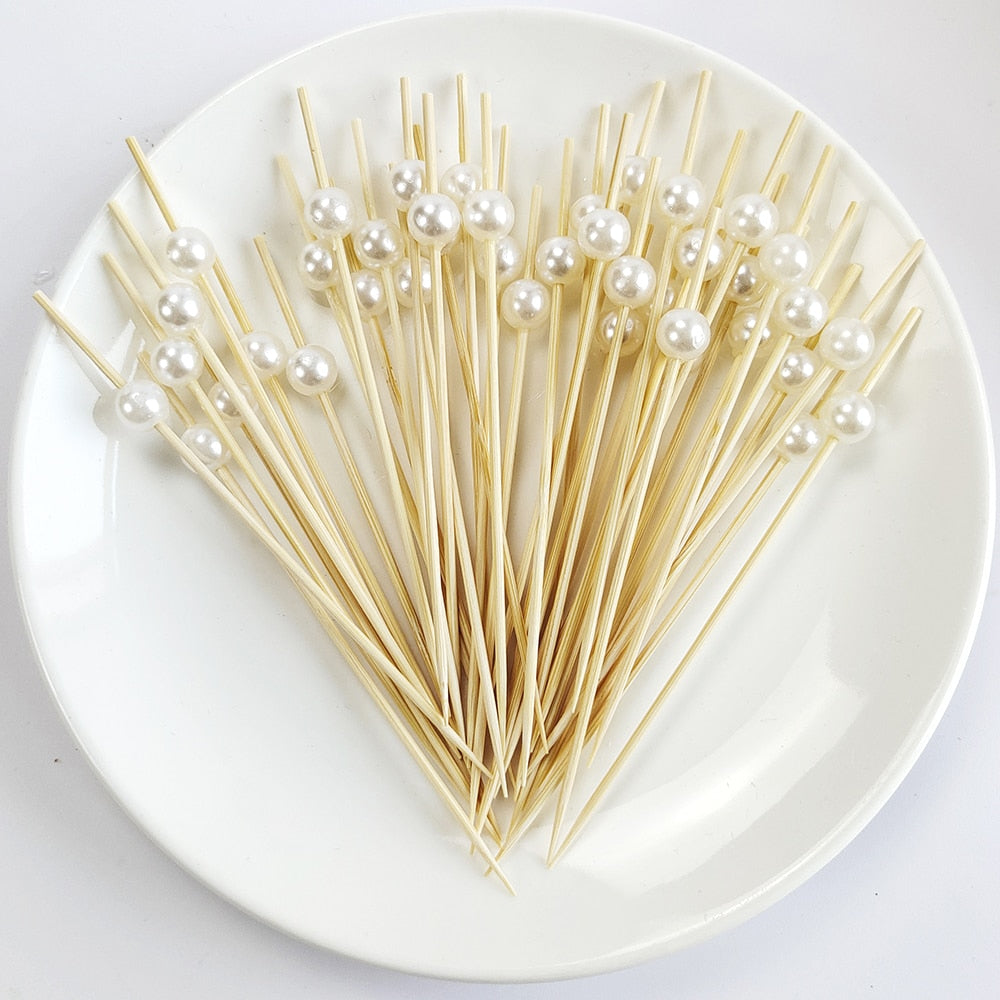 Pearl Disposable Bamboo Skewers Wooden Cocktail Picks Fruit Picks Snack Fork Skewer Wedding Party Supplies - TheWellBeing1