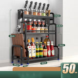 Stainless steel kitchen storage rack with 3 tiers for seasoning, chopsticks, knife, and jar organization.