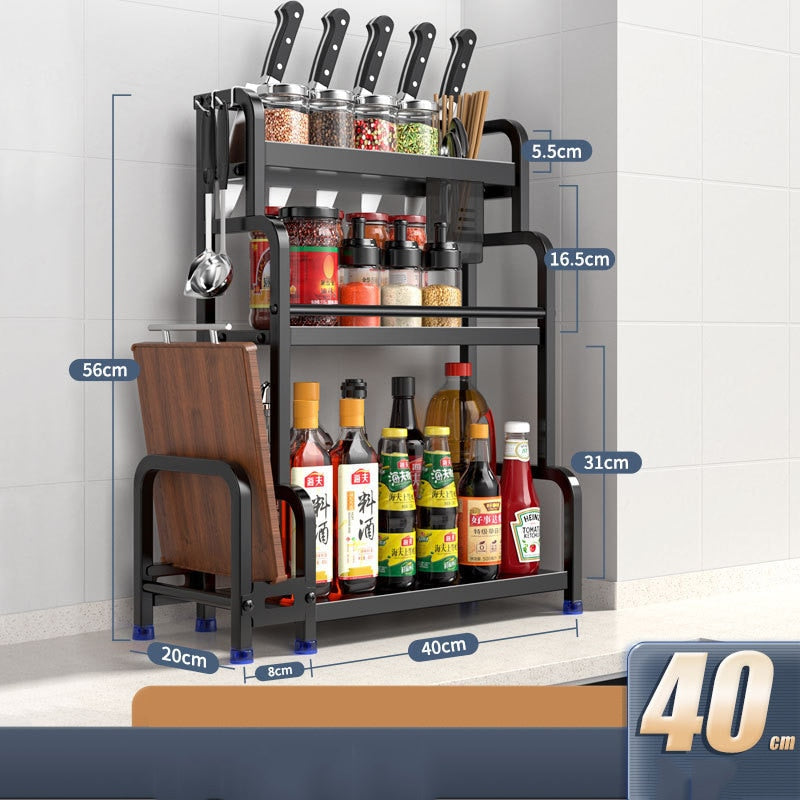 2/3-tier stainless steel storage rack for spices, chopsticks, and knives in kitchen setup.