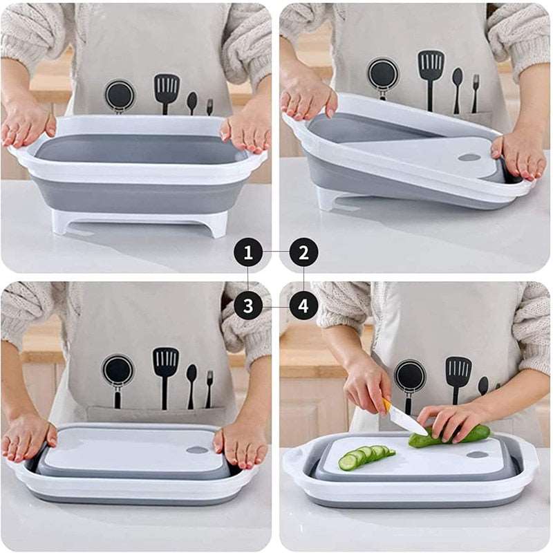 Folding cutting board with multifunctional collapsible sink and drain basket for kitchen use.