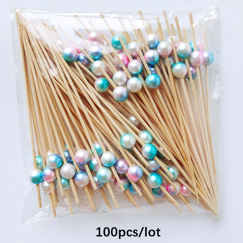 Pearl Disposable Bamboo Skewers Wooden Cocktail Picks Fruit Picks Snack Fork Skewer Wedding Party Supplies - TheWellBeing1