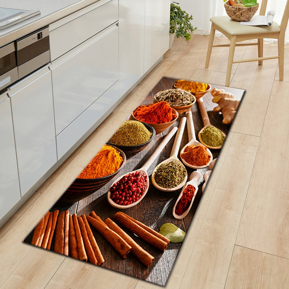 Seasoning Kitchen Mat Home Entrance Doormat Hallway Bedroom Living Roo1. Type: Polyester cloth single-sided printing, non-slip.2. Soft to the touch, fluffy and delicate, does not fade.3. Can be washed or machine washed, wear-resistant.TheWellBeing1Seasoning Kitchen Mat Home Entrance Doormat Hallway Bedroom Living Room Decoration Floor Carpet Balcony Anti-Slip Long RugCulinaryWellBeing