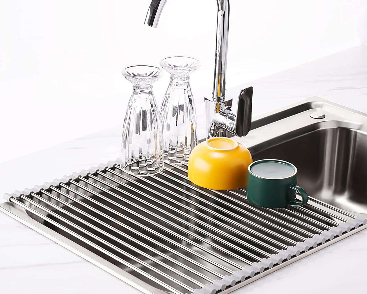 Foldable Stainless Steel Dish Drainer Roll Up Dish Drying Rack Shelf KãMULTI-PURPOSEã: Our dish rack over the sink can not only be used as a dish drying mat to air-dry washed plates, dishes, bowls, bottles, cups, etc, but also as aTheWellBeing1Sink Holder Bowl Tableware Plate StorageCulinaryWellBeing