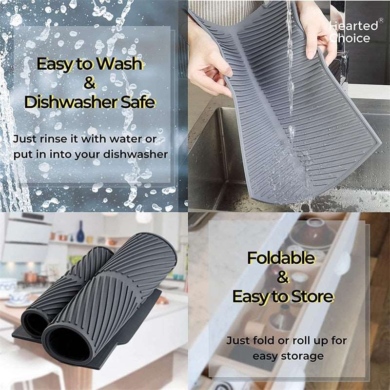 Foldable insulated soft rubber sink mat, anti-slip, easy to wash, dishwasher safe, heat resistant, gray silicone.