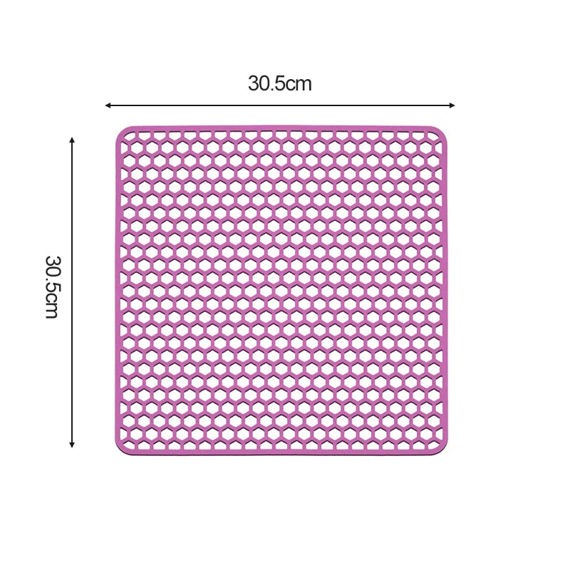 Silicone sink protector mat, heat-resistant, 30.5cm x 30.5cm, honeycomb pattern.