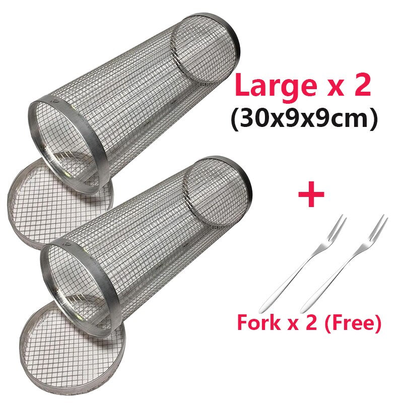 Stainless steel barbecue skewer storage tubes with large capacity, includes 2 free forks.