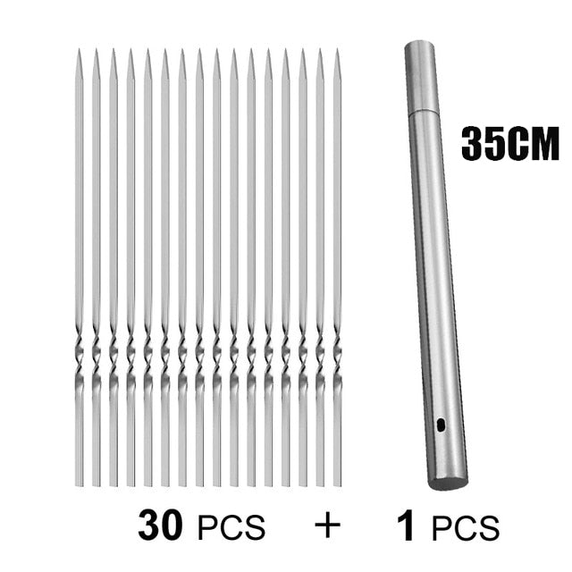 Stainless Steel Barbecue Skewer Storage Tube Charcoal Grill Skewer Flat BBQ Fork Kitchen Outdoor Camping Accessories Utensils BQ - TheWellBeing1