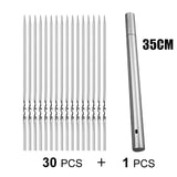 Stainless steel barbecue skewer storage tube with 30 flat BBQ skewers, 35cm length, ideal for grilling.