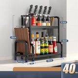 Stainless steel kitchen storage rack with knife, spice, and bottle organizer.