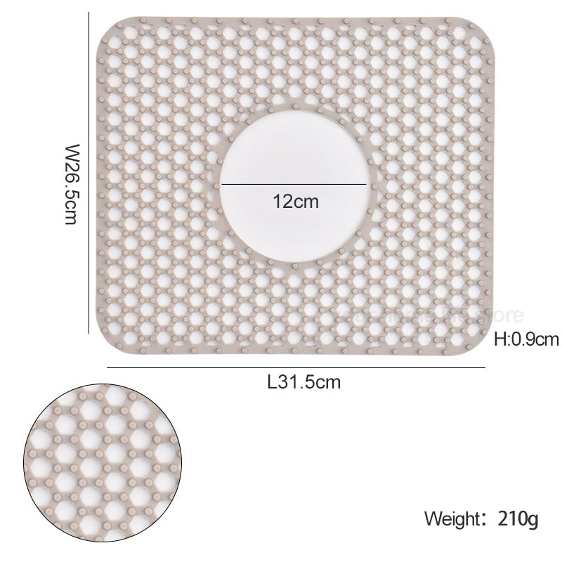 Silicone sink protector mat with dimensions 31.5cm by 26.5cm, heat resistant and rust proof.