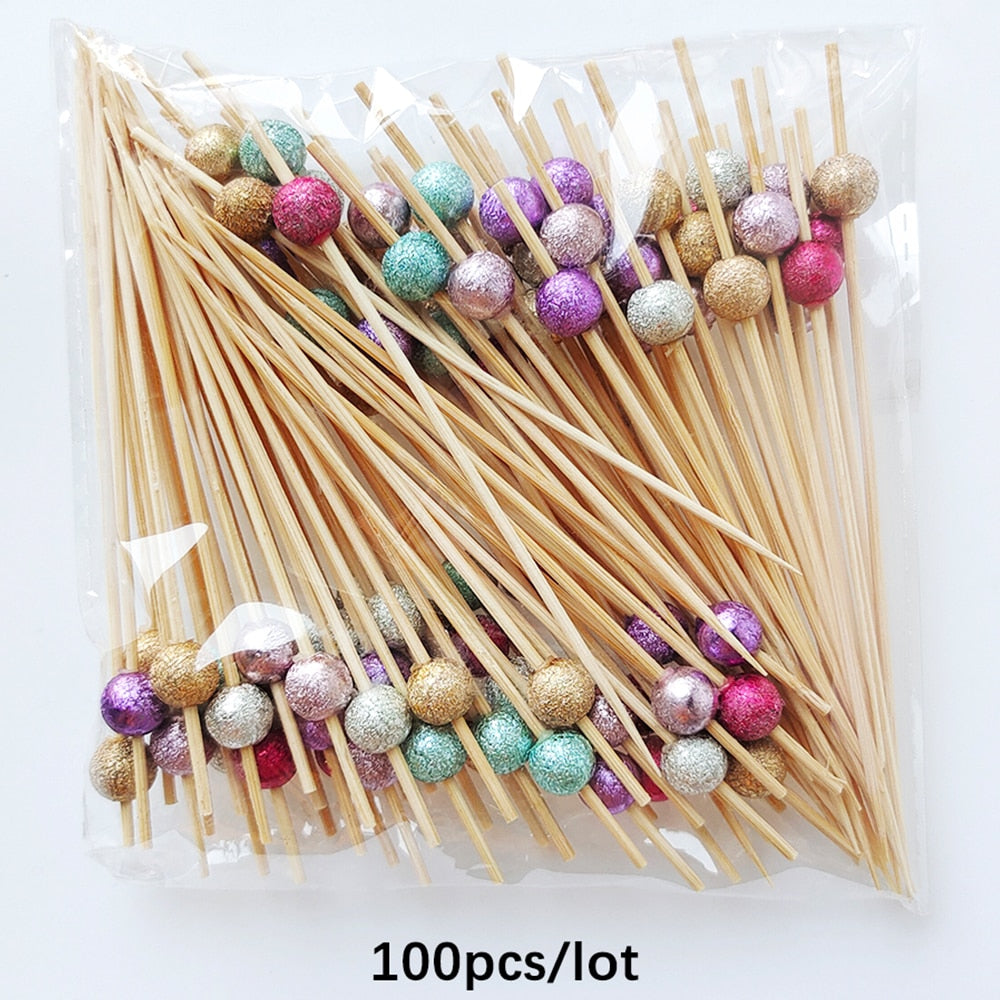 Pearl Disposable Bamboo Skewers Wooden Cocktail Picks Fruit Picks Snack Fork Skewer Wedding Party Supplies - TheWellBeing1